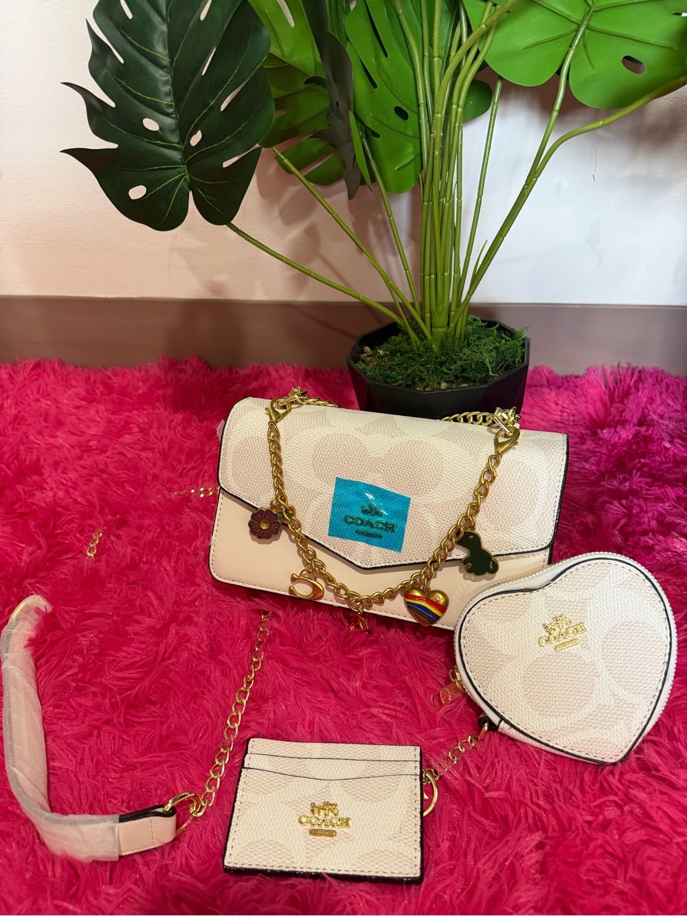 Coach Cream Signature Crossbody Bag with Gold Chain and Heart Pouch